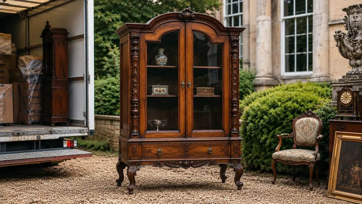 Antique wooden cabinet wrapped in padded blankets ready for collection