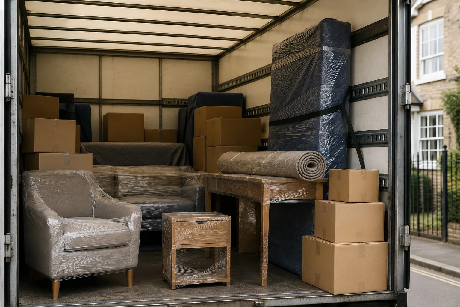 Large flat-packed furniture panels and a mattress loaded into the back of a van