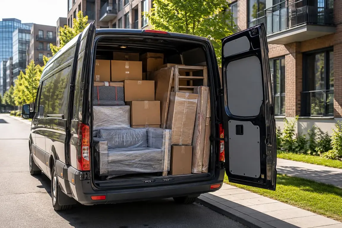 Dining chairs and a table wrapped in protective blankets before loading