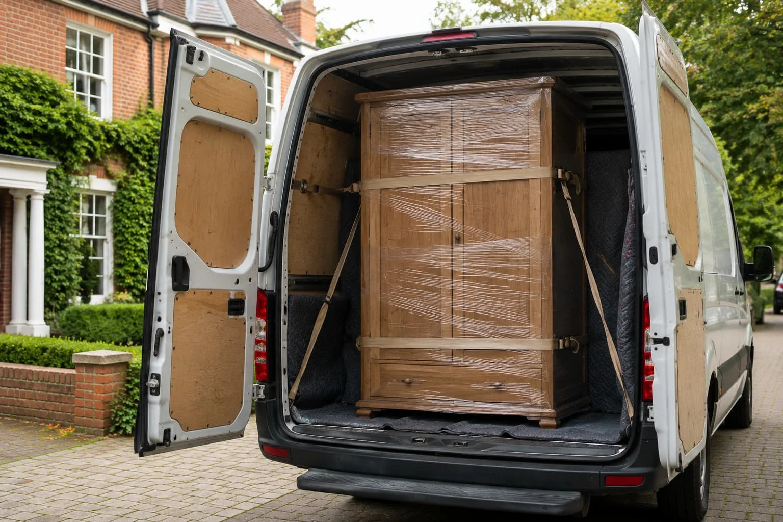 Wardrobe door being wrapped in a moving blanket and secured with stretch wrap